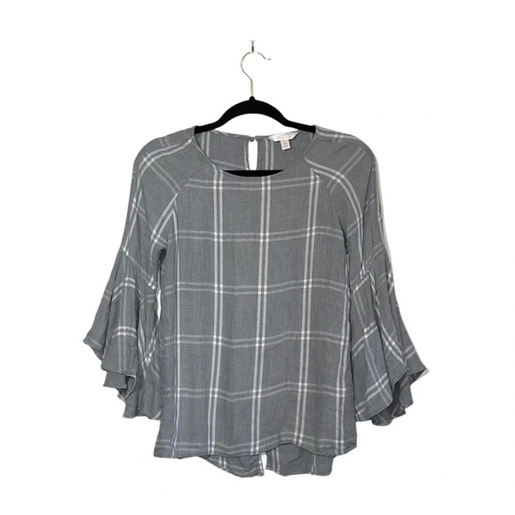 LC Lauren Conrad Gray & White Plaid Print Bell Split Back Top Xsmall Women’s - Picture 1 of 14